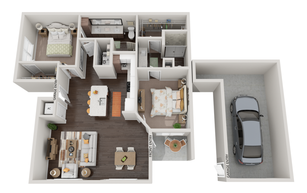 Luna + Garage - 2 bedroom floorplan layout with 2 bathrooms and 1128 square feet